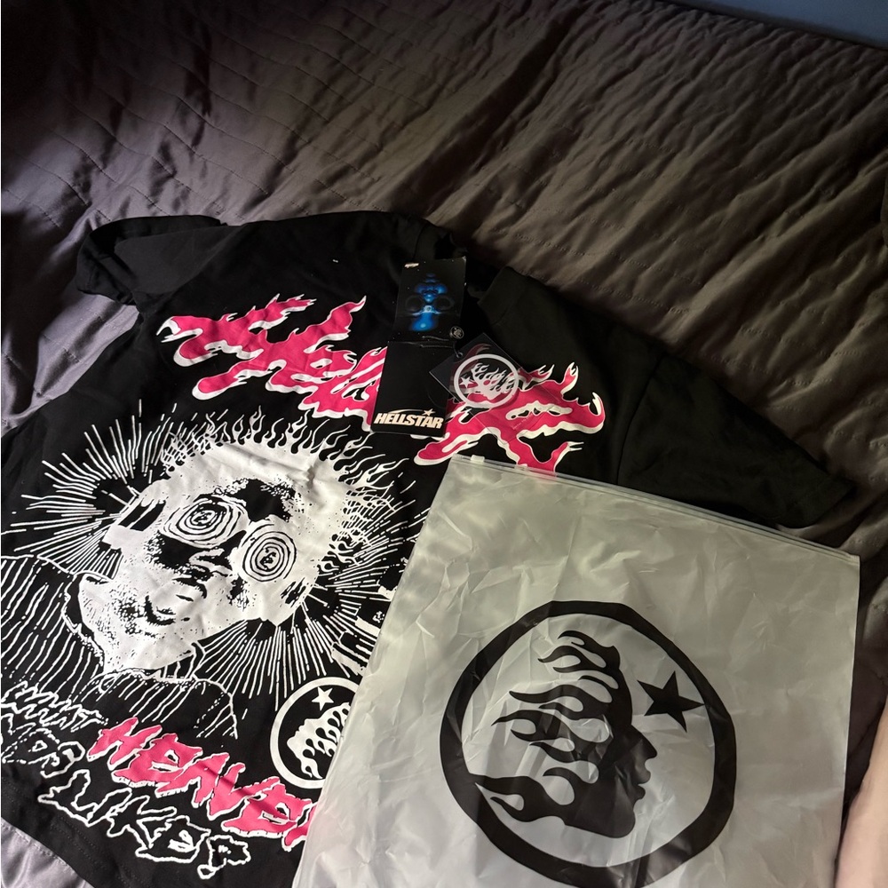 Black Graphic T-Shirt with Pink and White Design